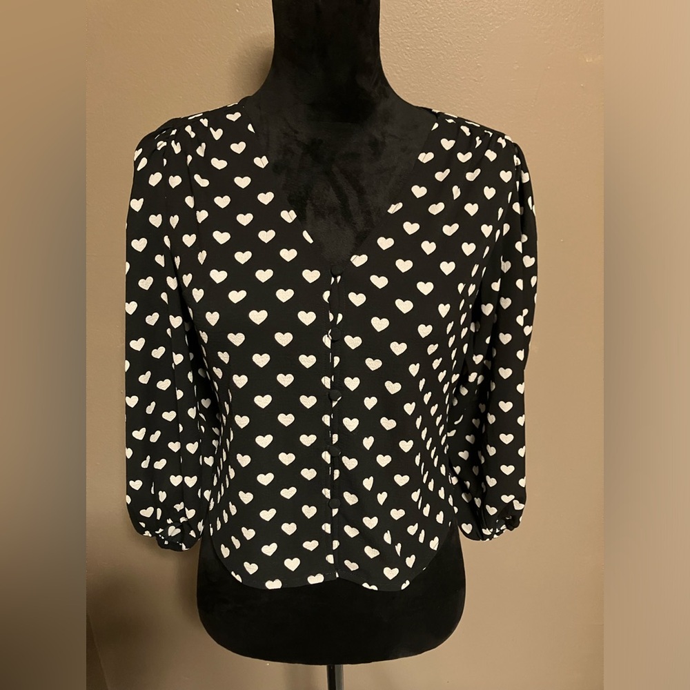 Monki Puff Sleeve Blouse Top XS Heart Black And White Button Up Crop
